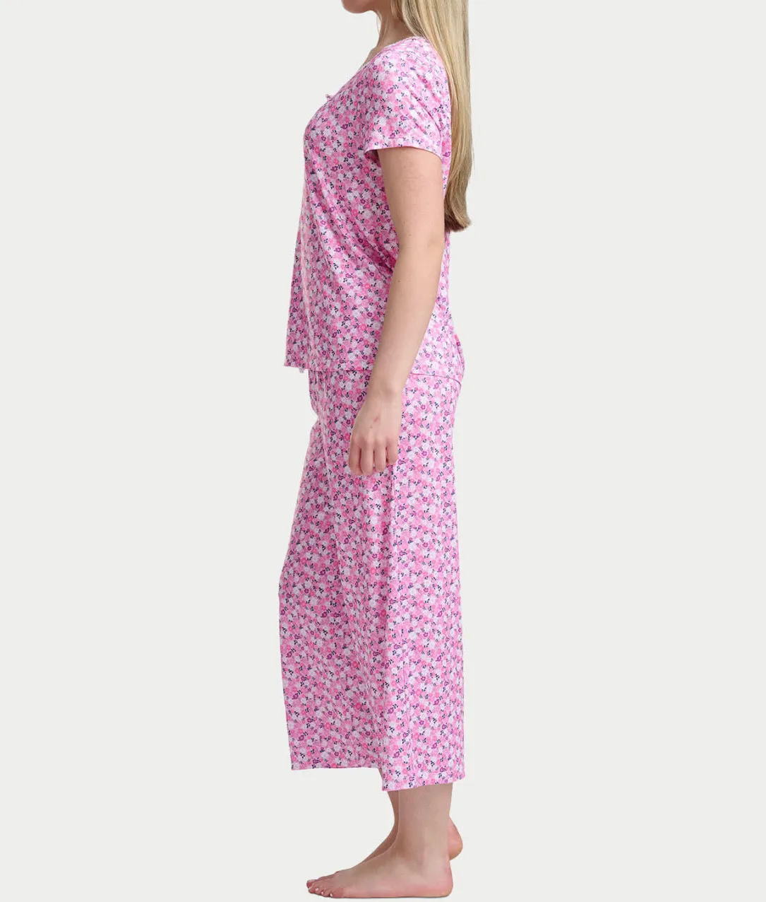 KN Cool Short Sleeve Henley Knit Cropped Pajama Set