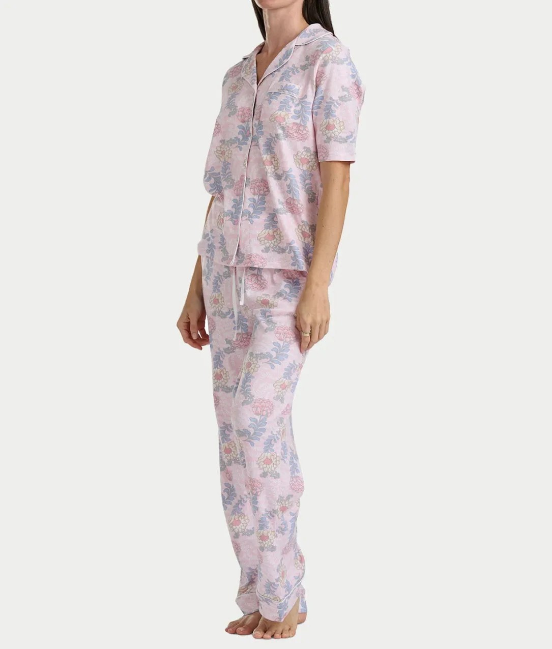 Notch Collar Elbow Sleeve Pajama Set