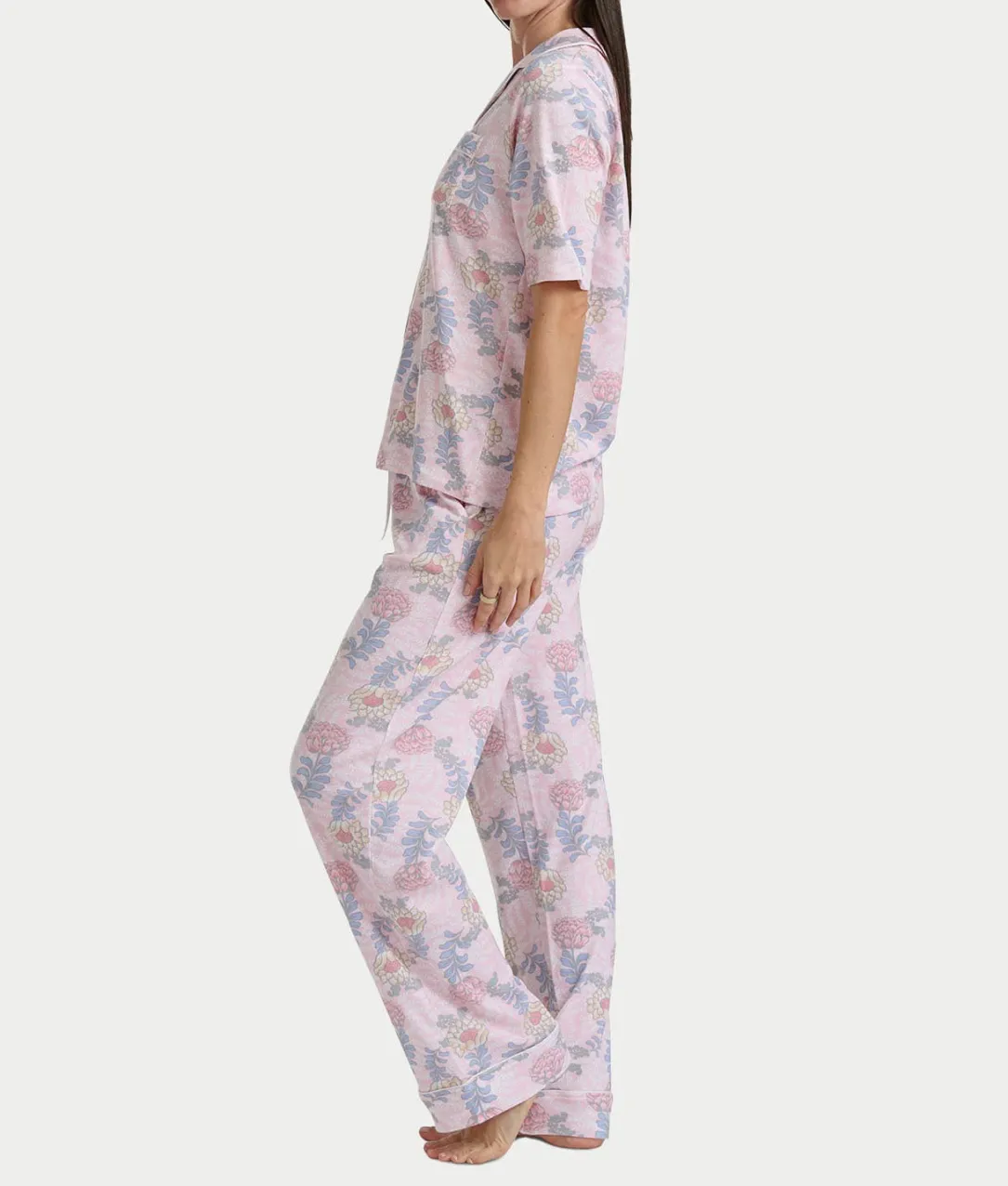 Notch Collar Elbow Sleeve Pajama Set