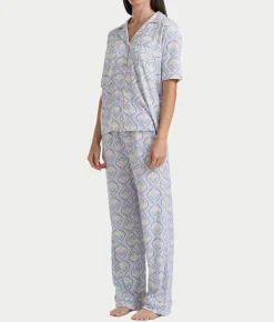 Notch Collar Elbow Sleeve Pajama Set