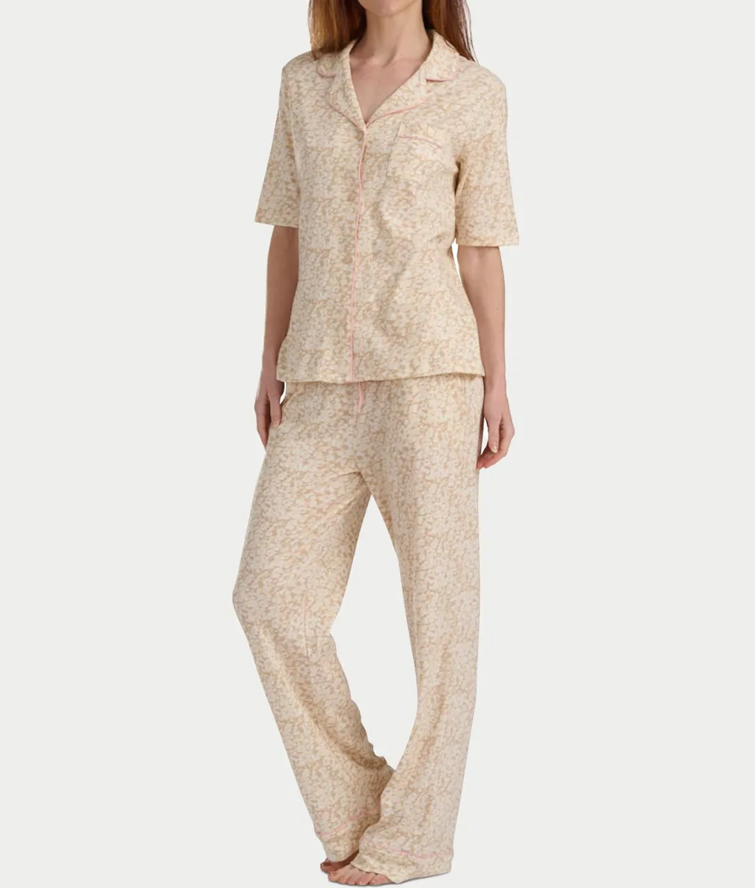 Notch Collar Elbow Sleeve Pajama Set