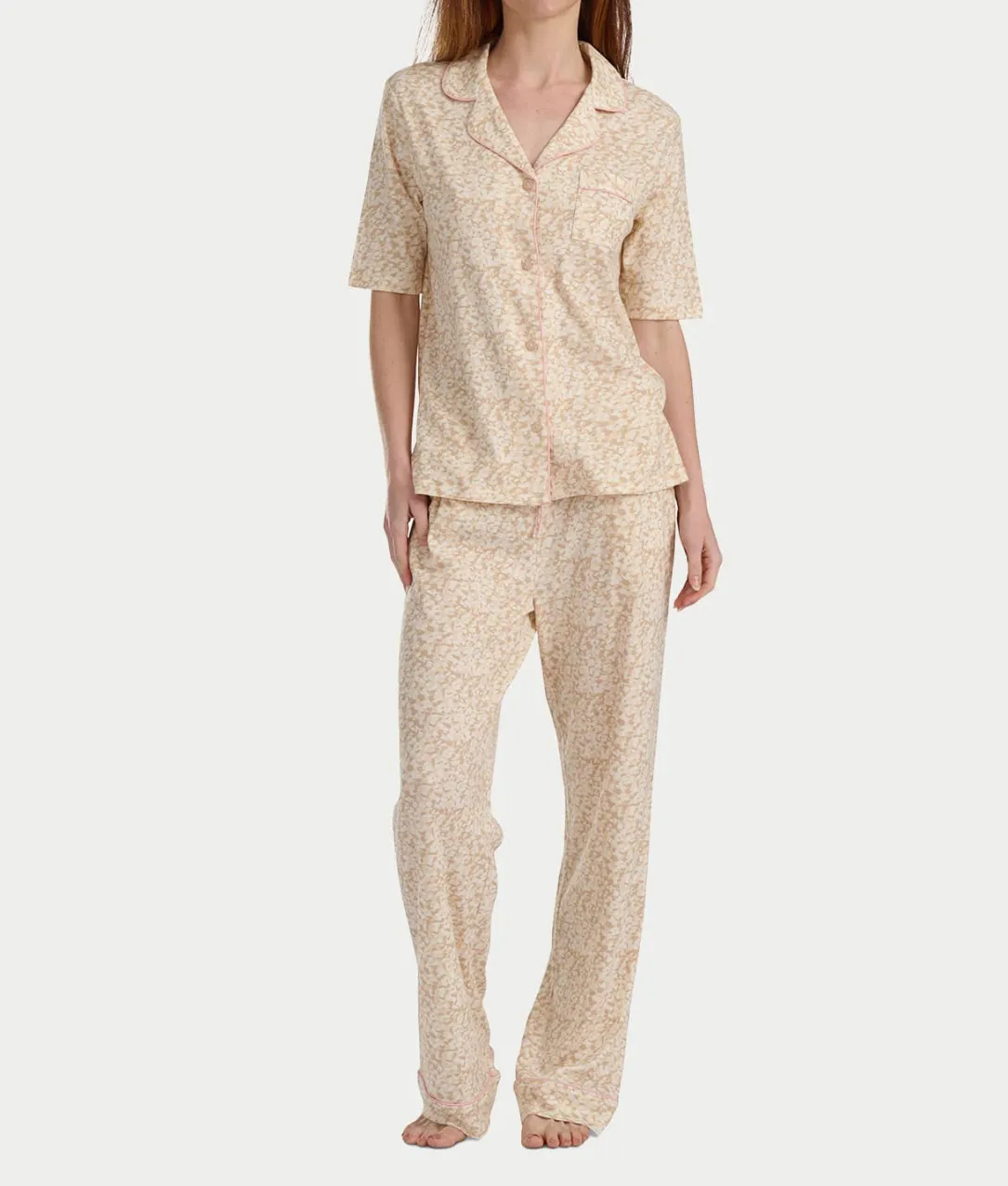Notch Collar Elbow Sleeve Pajama Set