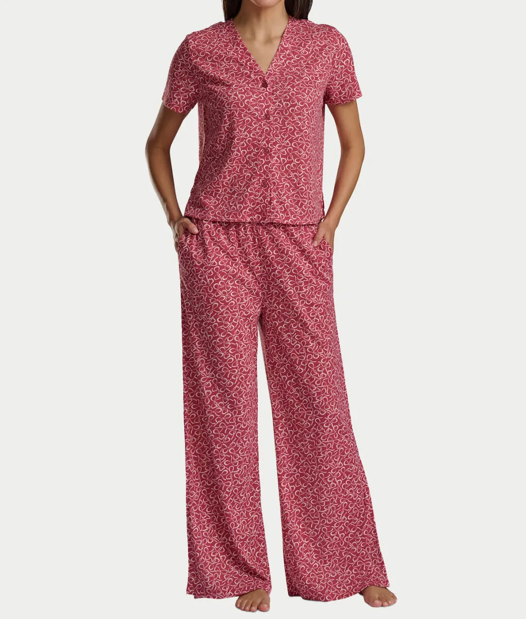Pointelle Short Sleeve Button-Down Top and Long Pant Set