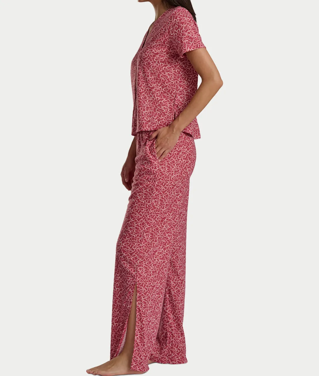 Pointelle Short Sleeve Button-Down Top and Long Pant Set