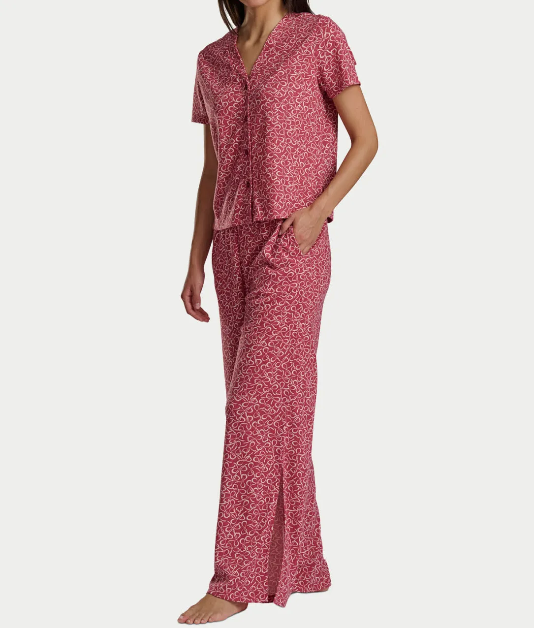 Pointelle Short Sleeve Button-Down Top and Long Pant Set
