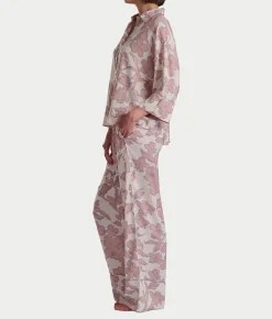 Woven 3/4 Sleeve Button-Down Top and Long Pant Set