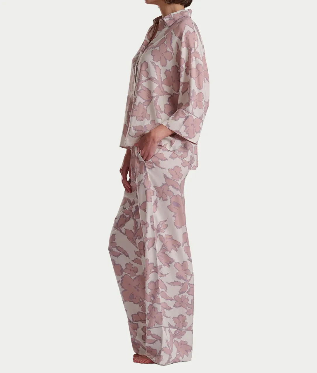 Woven 3/4 Sleeve Button-Down Top and Long Pant Set