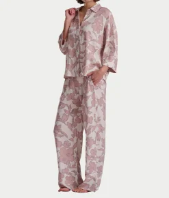 Woven 3/4 Sleeve Button-Down Top and Long Pant Set